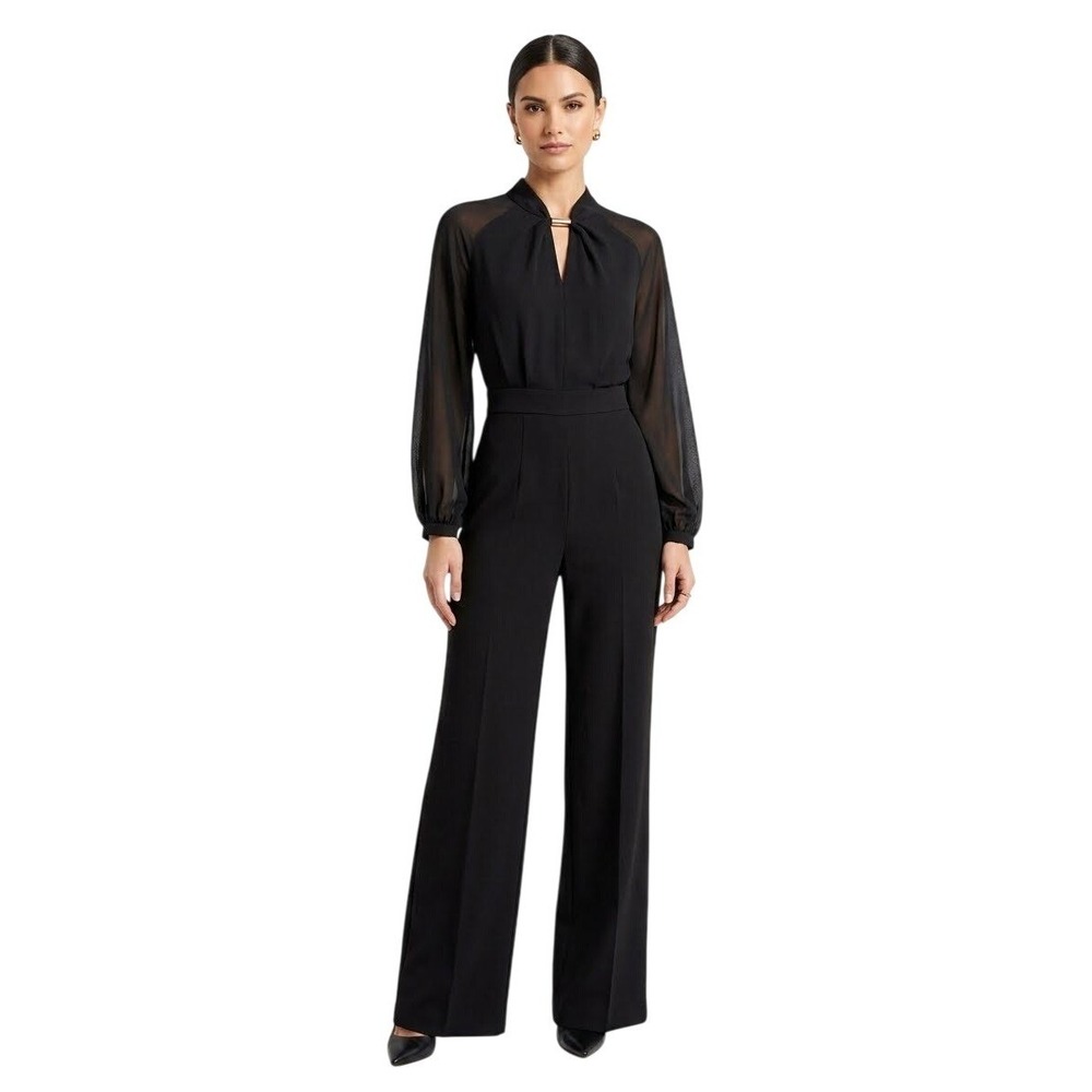 Fehaute | Black Keyhole Wide Leg Jumpsuit Sheer Long Sleeve | Size 2